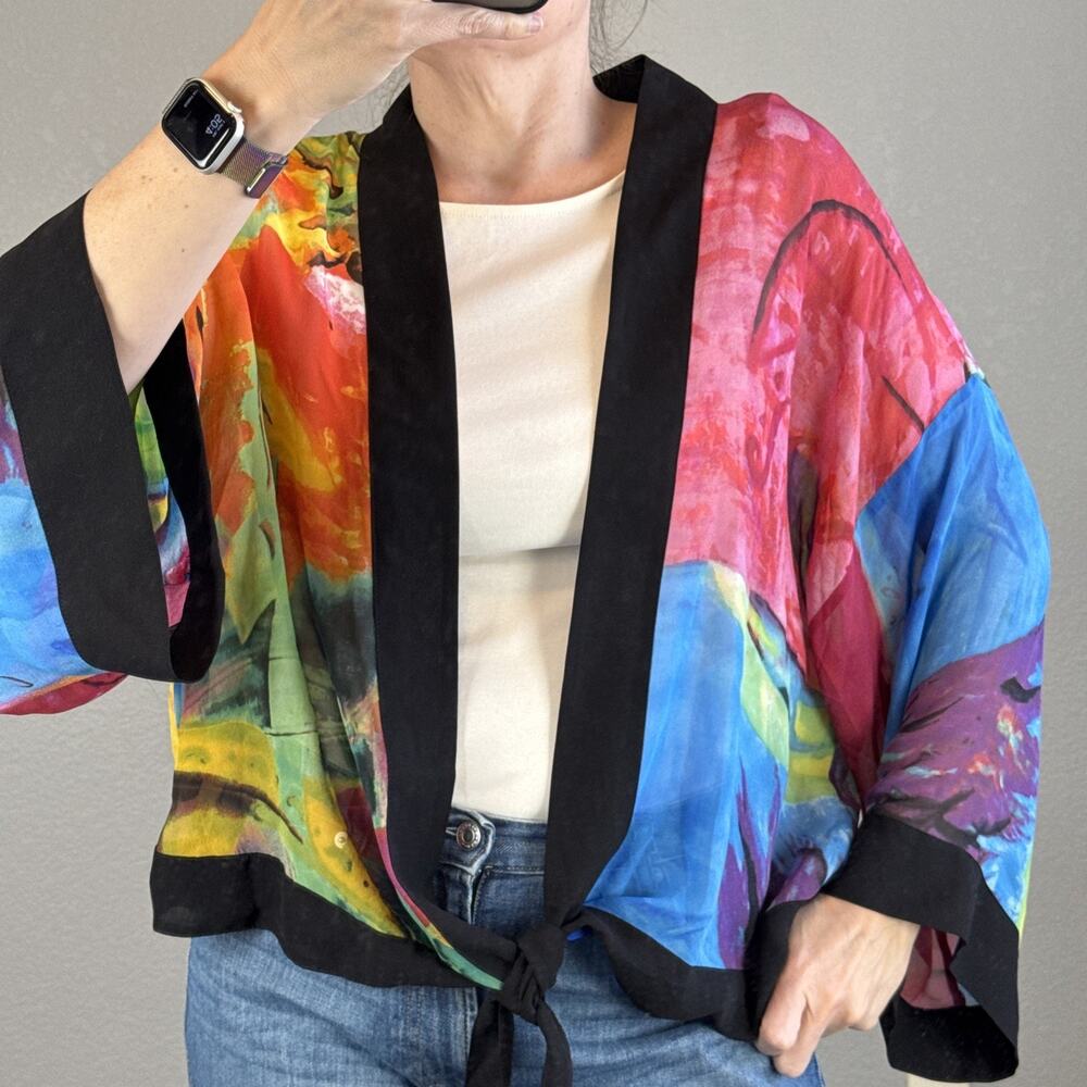 Chico's Womens Lightweight Silk Chiffon Short Kimono Jacket Size 2 L Watercolor